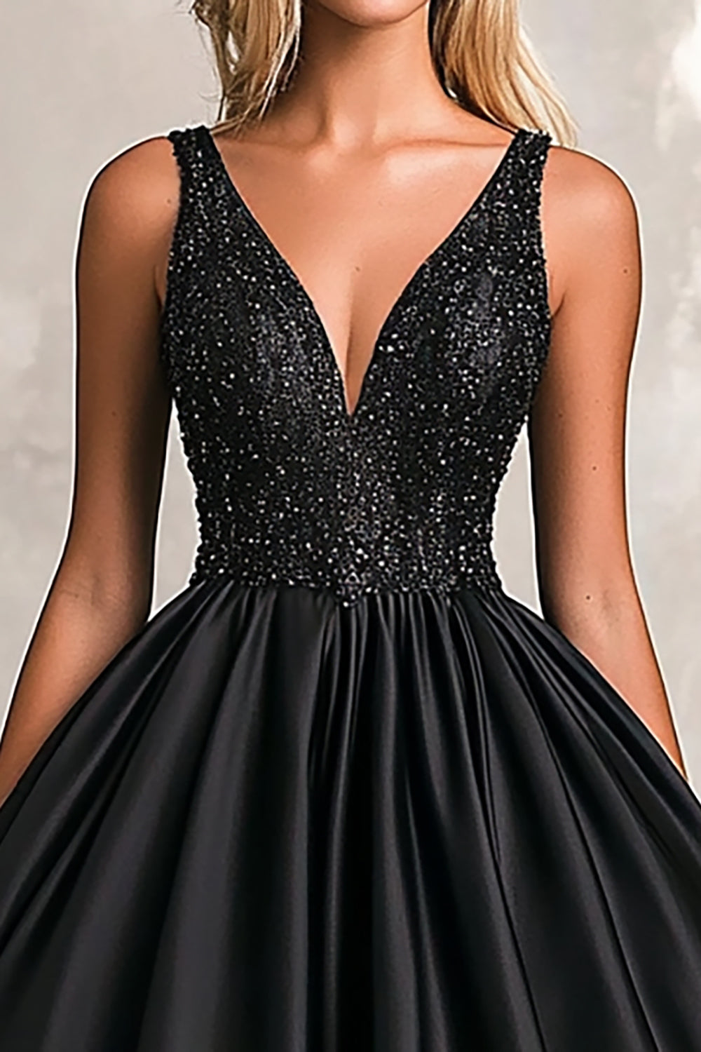 Glitter Black Ball Gown Satin V-Neck Maxi Prom Dress