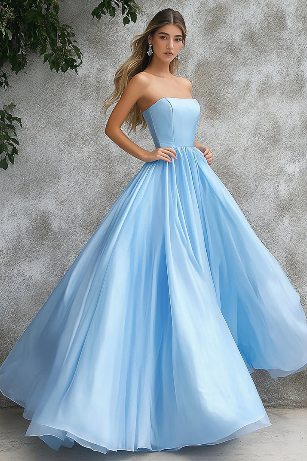 Sky Blue A Line Strapless Sleeveless Maxi Prom Dress