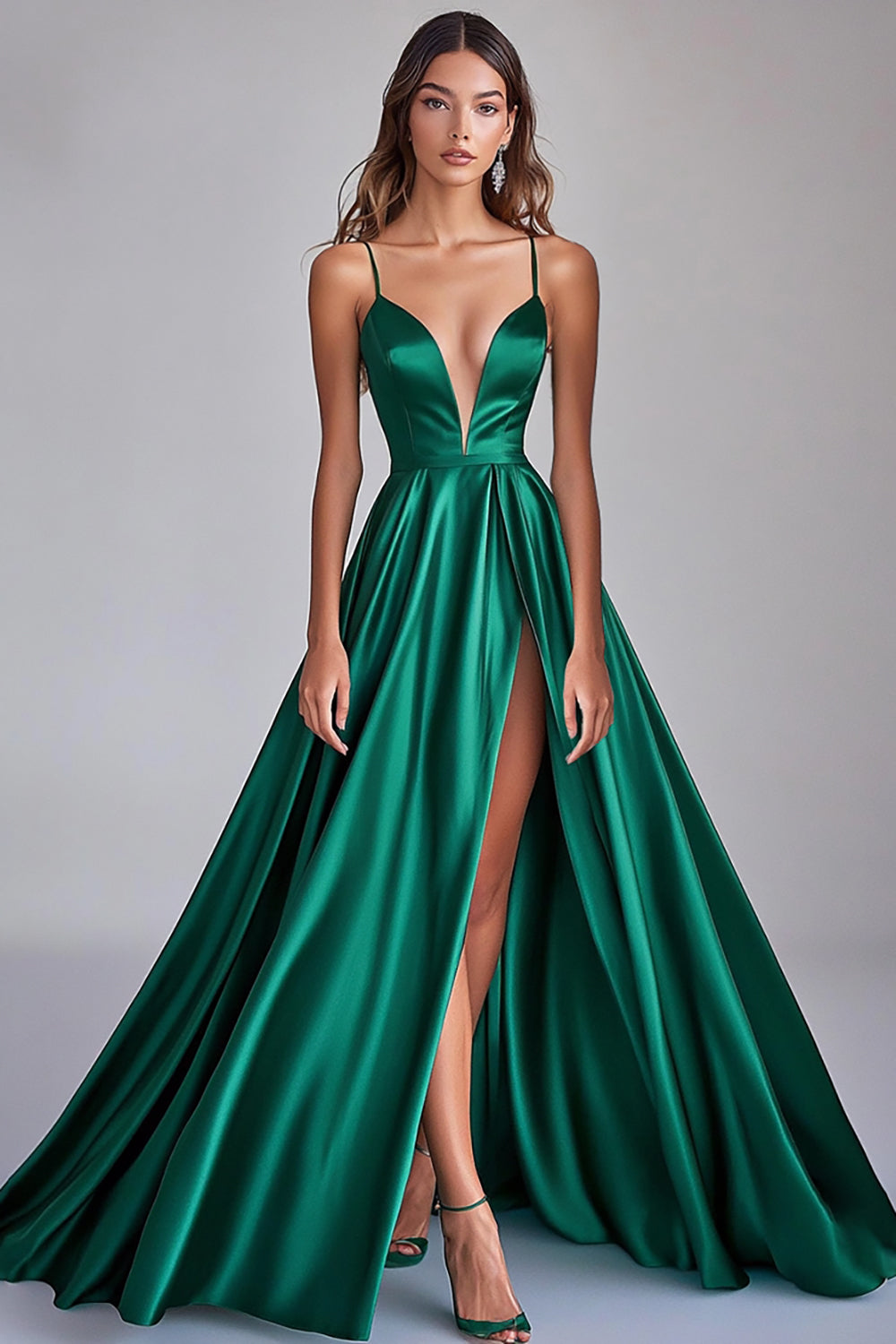 Dark Green A Line Satin V-Neck Sleeveless Maxi Prom Dress with Slit