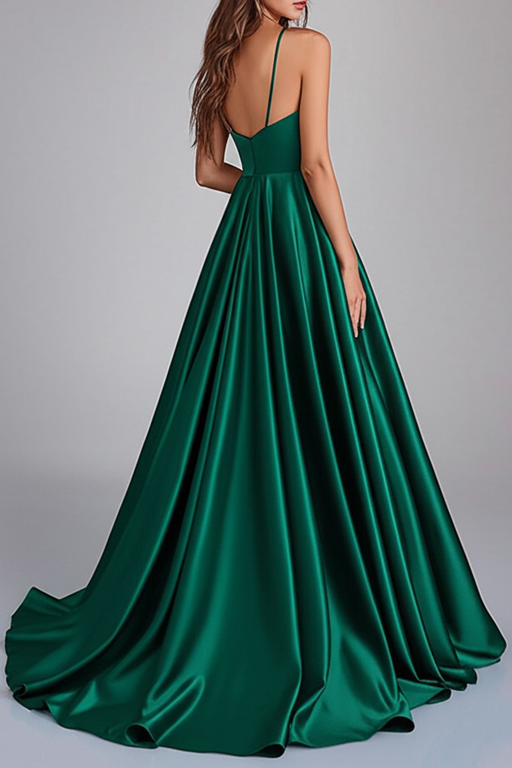 Dark Green A Line Satin V-Neck Sleeveless Maxi Prom Dress with Slit