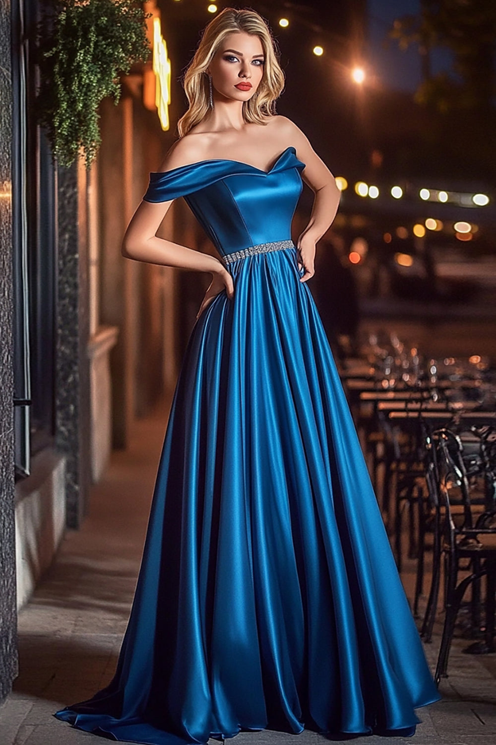 Royal Blue A Line Satin Off the Shoulder Pleated Maxi Prom Dress