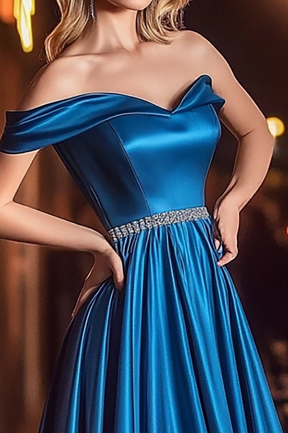 Royal Blue A Line Satin Off the Shoulder Pleated Maxi Prom Dress