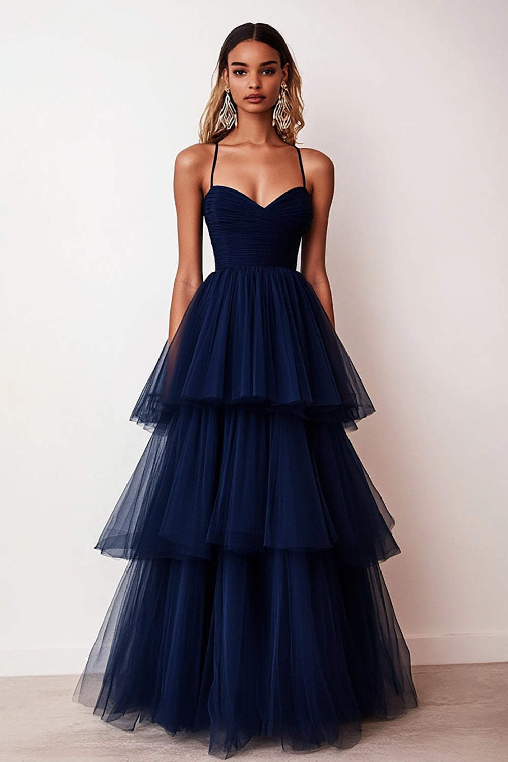 Navy A Line Spaghetti Straps Tiered Long Tulle Prom Dress