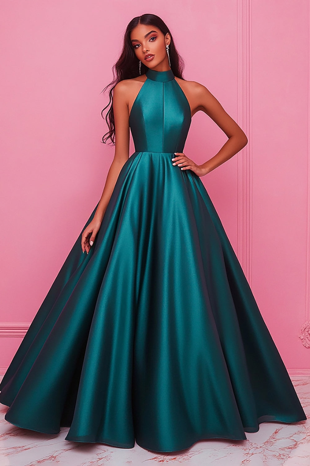 Dark Green Ball Gown Satin Halter Sleeveless Long Prom Dress
