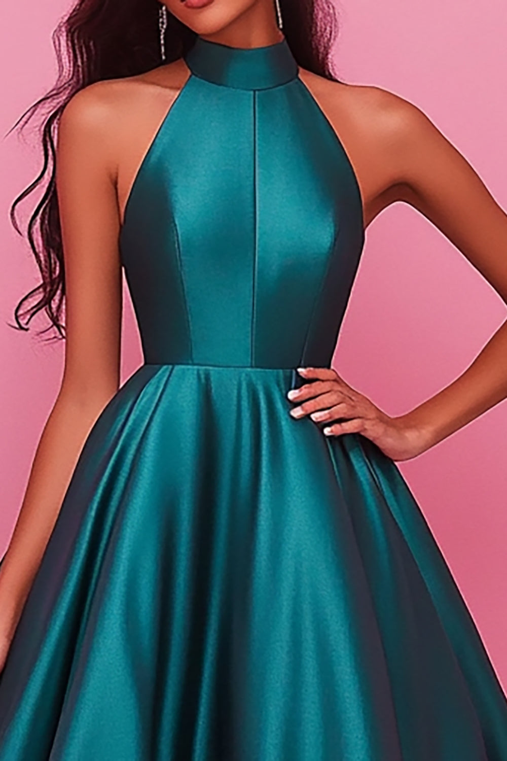 Dark Green Ball Gown Satin Halter Sleeveless Long Prom Dress