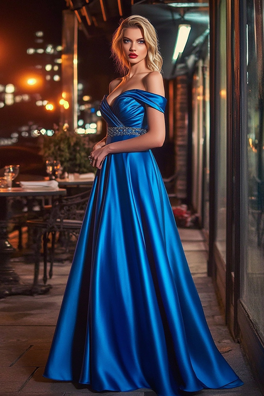 Elegant Royal Blue A Line Satin Off the Shoulder Maxi Prom Dress