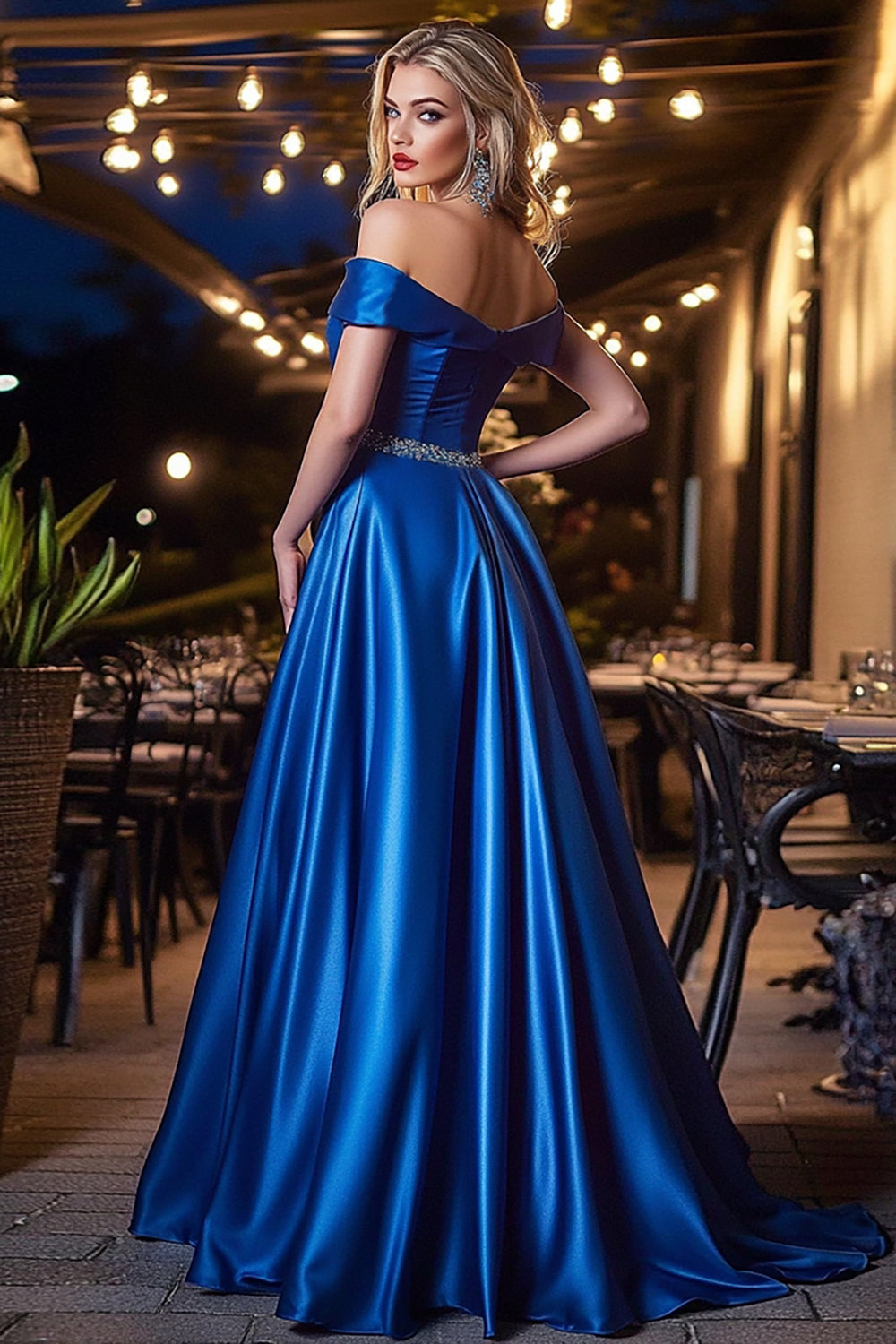 Elegant Royal Blue A Line Satin Off the Shoulder Maxi Prom Dress