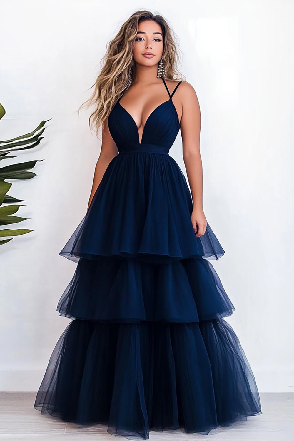 Navy A Line Tulle Spaghetti Straps Tiered Maxi Prom Dress