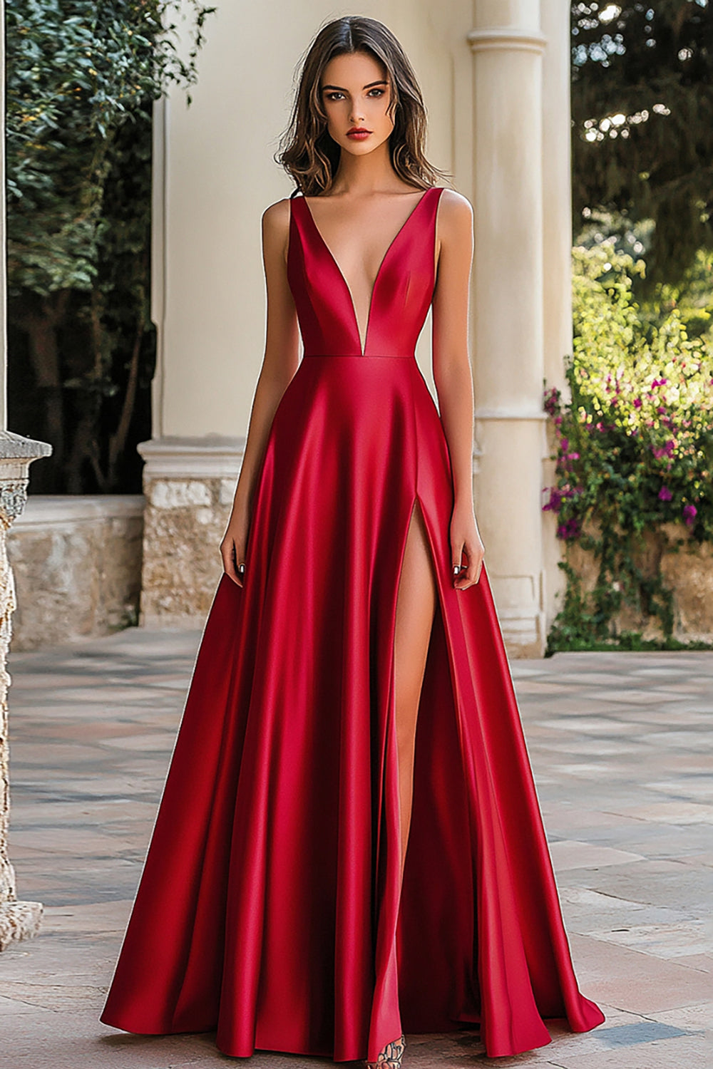 Leely Women Red A Line Satin Maxi Prom Dress with Slit V-Neck Sleeveless Long Military Ball Dress