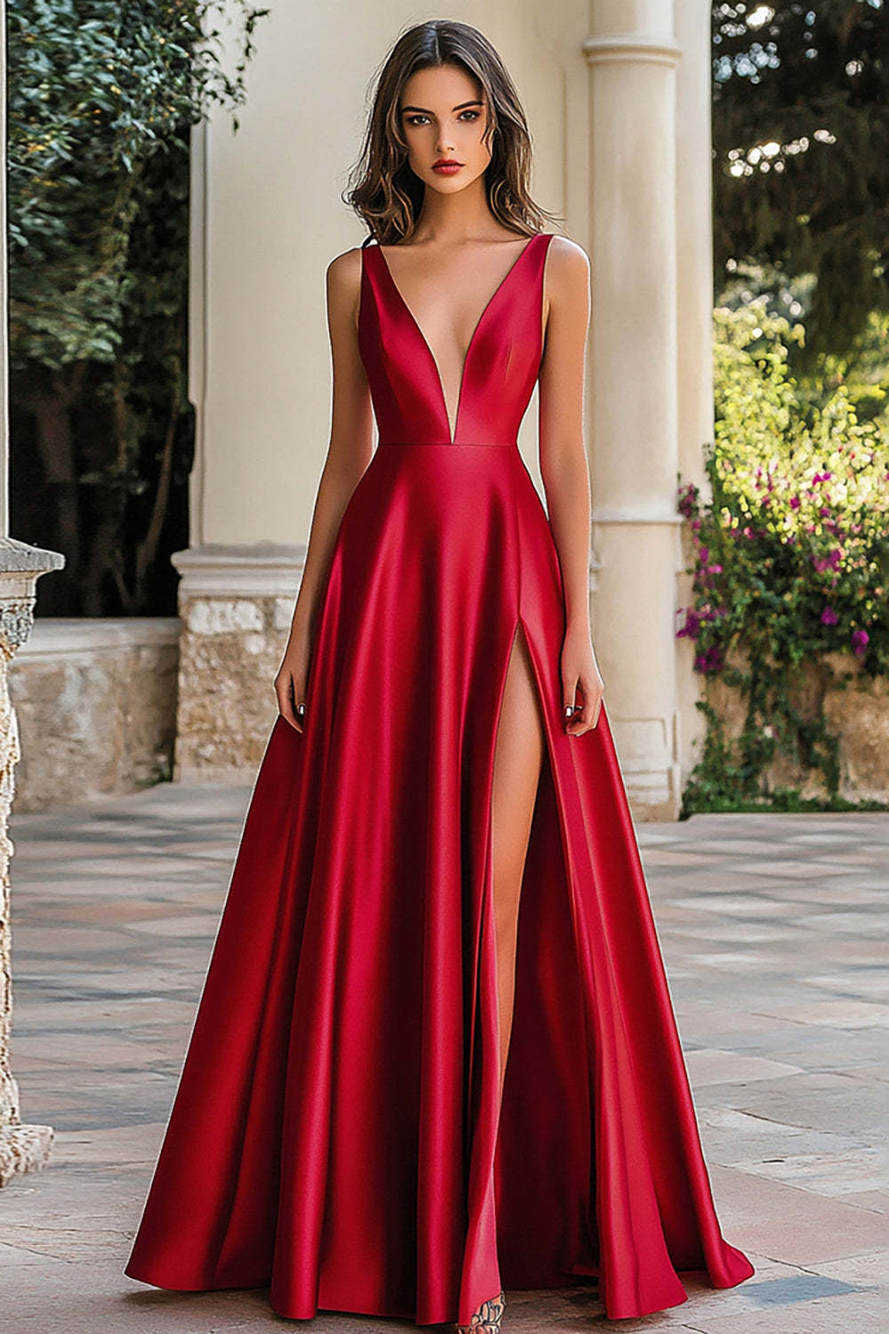Leely Women Red A Line Satin Maxi Prom Dress with Slit V-Neck Sleeveless Long Military Ball Dress