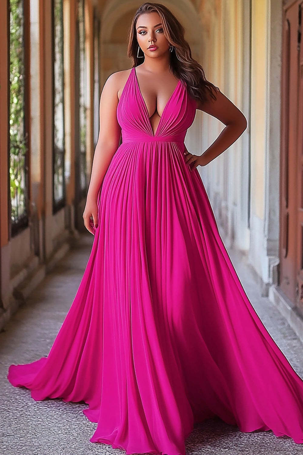 Leely Women Fuchsia A Line V-Neck Plus Size Prom Dress Pleated Long Formal Maxi Dress