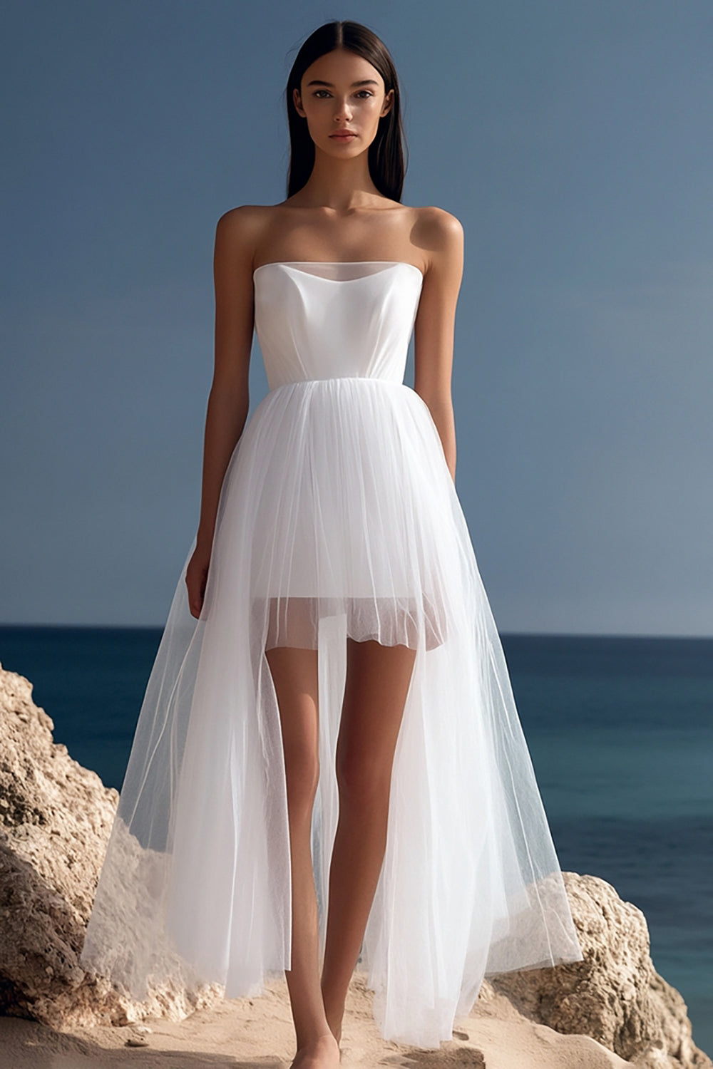 White High-Low Tulle Strapless A Line Graduation Dress