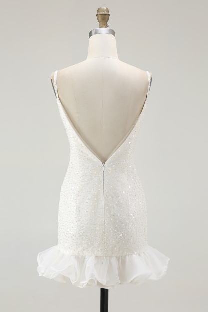 Sparkly White Bodycon Sequined V-Neck Mini Graduation Dress
