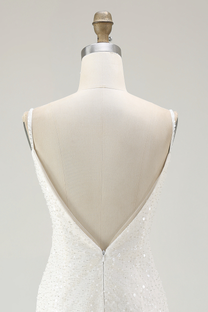 Sparkly White Tight Sequin Mini Bridal Shower Dress with Ruffle