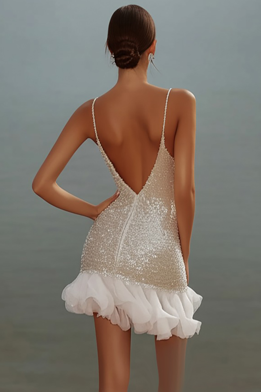 Sparkly White Bodycon Sequined V-Neck Mini Graduation Dress