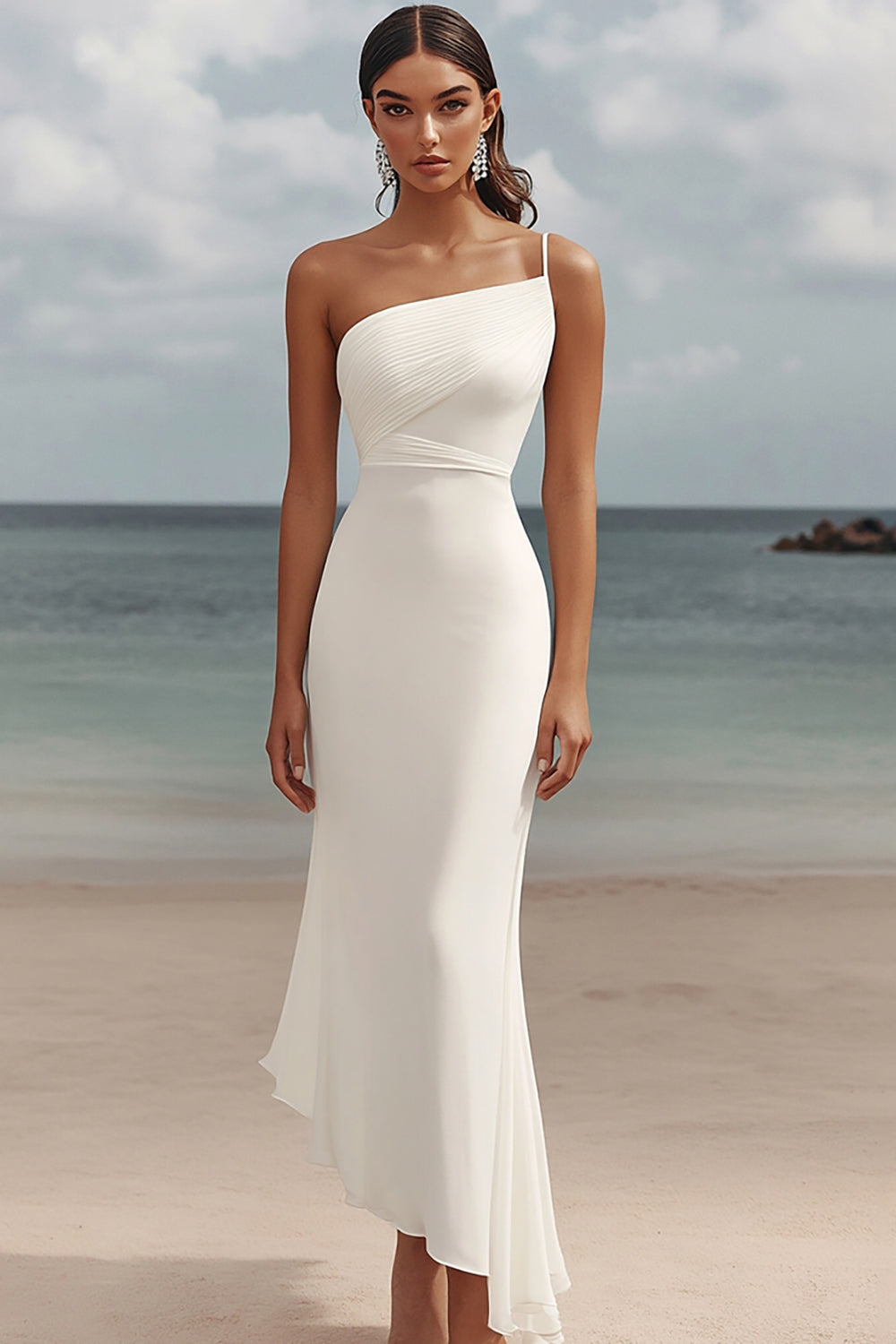 Elegant White Chiffon Sheath One Shoulder Maxi Rehearsal Dinner Dress