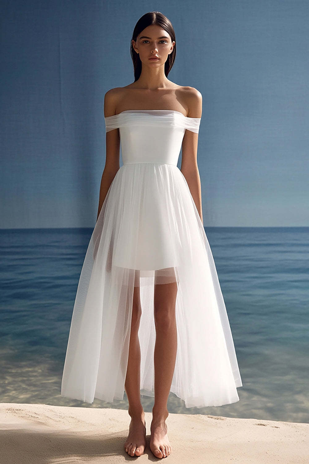 Leely Women White Tulle High-Low A Line Rehearsal Dinner Dress Off the Shoulder Pleated Engagement Dress