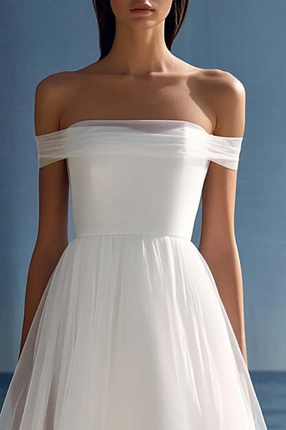 White Tulle High-Low Off the Shoulder A Line Rehearsal Dinner Dress