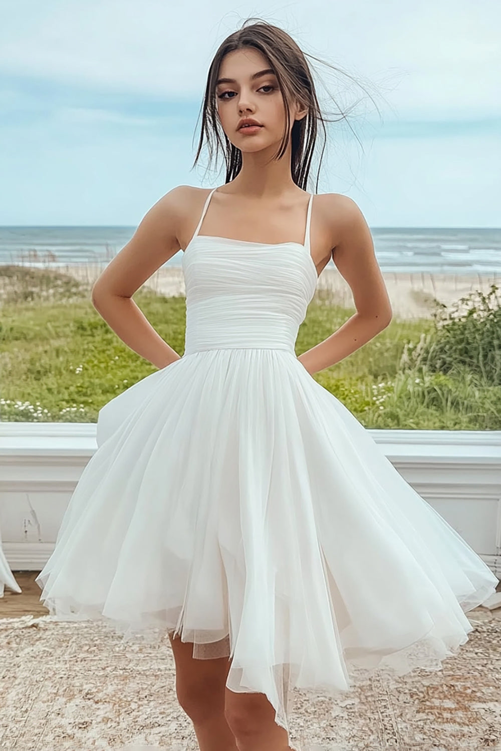 White Short A Line Ruched Graduation Dress