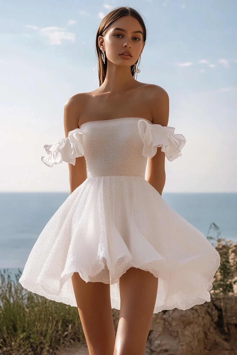 White Mini A Line Cute Graduation Dress with Ruffles