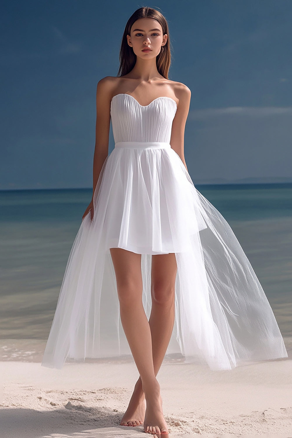 White Organza High-Low Sweetheart A Line Rehearsal Dinner Dress
