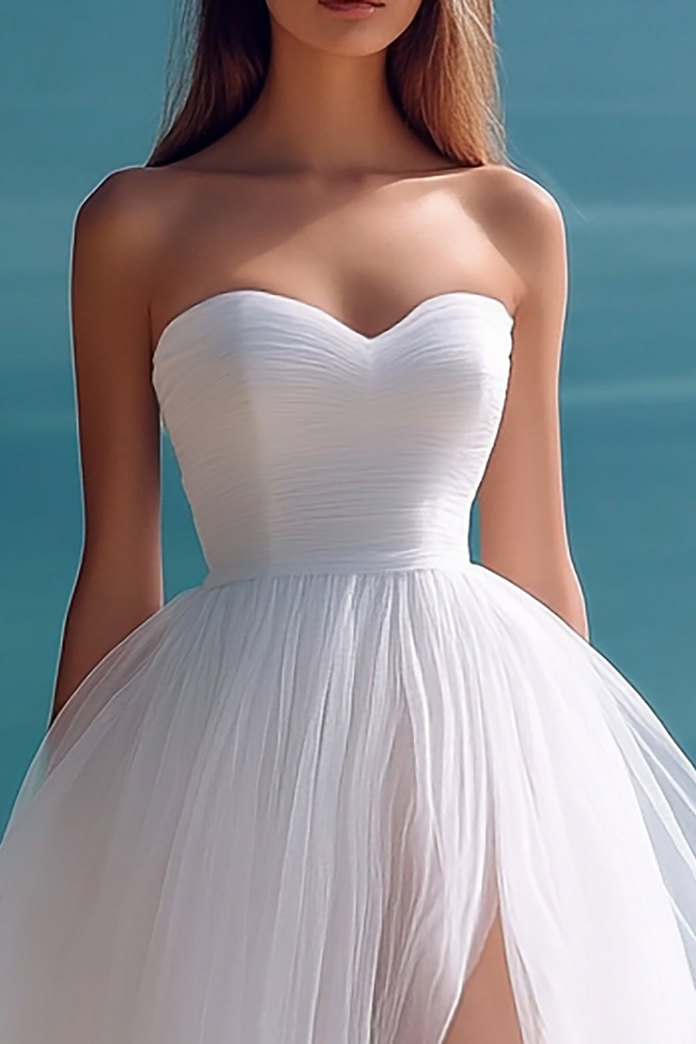 White Tulle A Line Sweetheart Maxi Rehearsal Dinner Dress with Slit