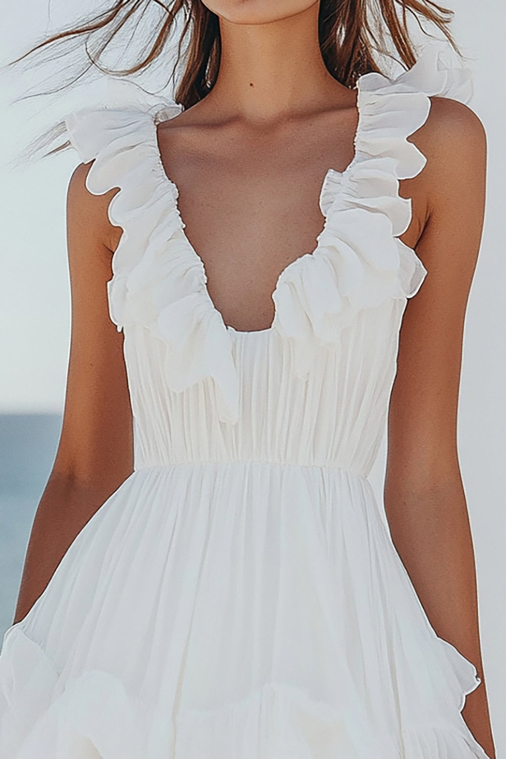 White Chiffon Mini V-Neck Pleated A Line Graduation Dress with Ruffles