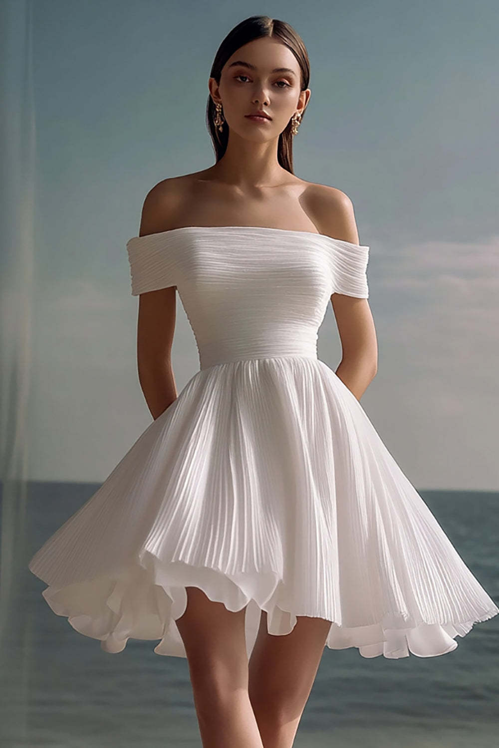 Leely Women White A Line Chiffon Mini Flowy Graduation Dress Ruffled Pleated Ruched Off the Shoulder Little White Dress
