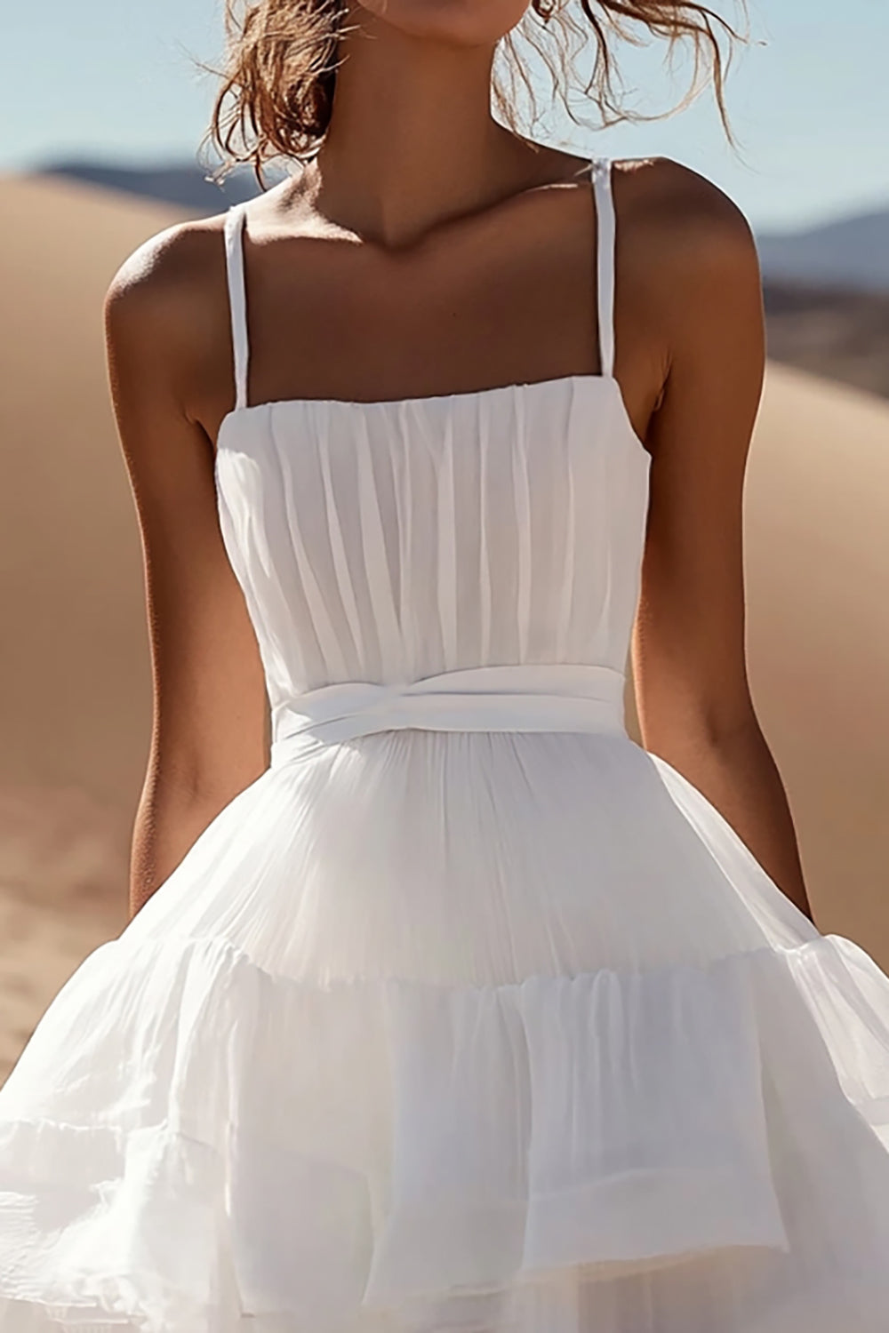White A Line Spaghetti Straps Ruffled Mini Graduation Dress