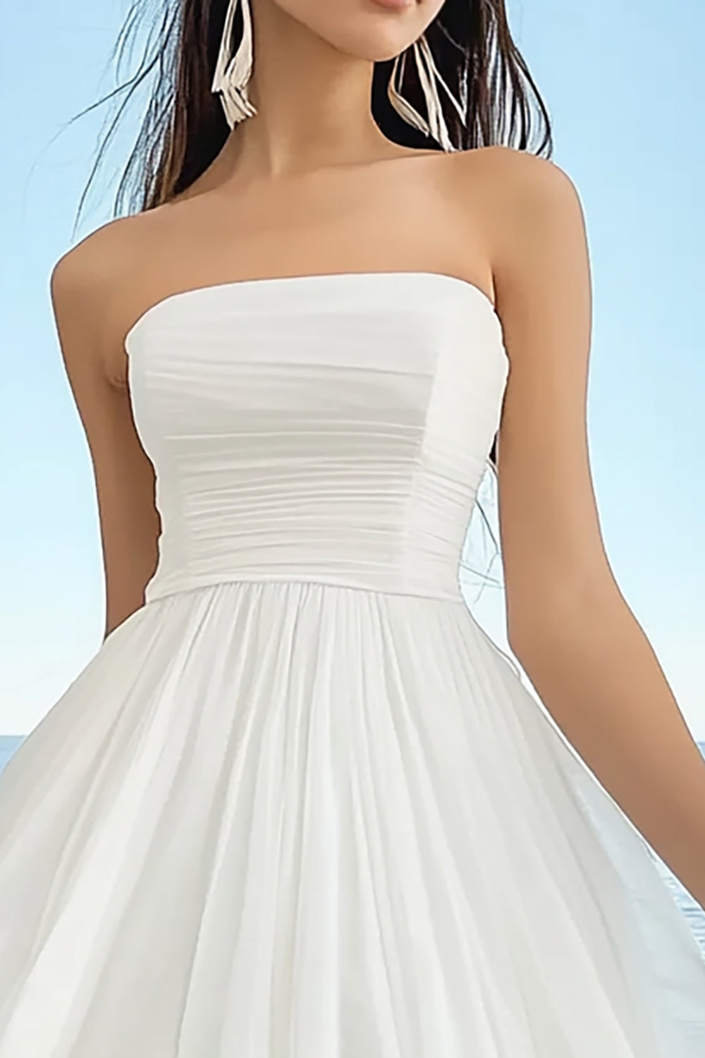 White Chiffon Strapless Pleated A Line Midi Graduation Dress