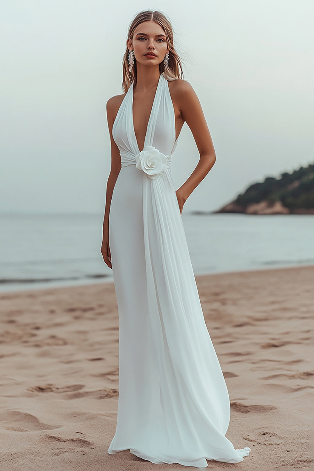 White Chiffon A Line V-Neck Long Rehearsal Dinner Dress