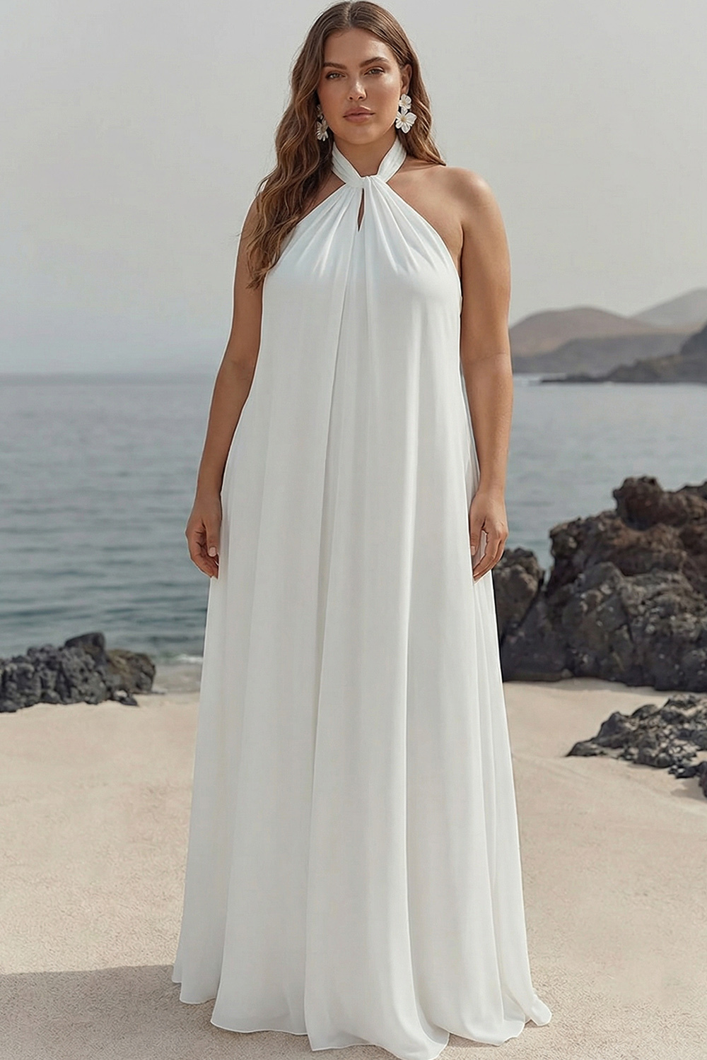 White Chiffon A Line Halter Maxi Rehearsal Dinner Dress