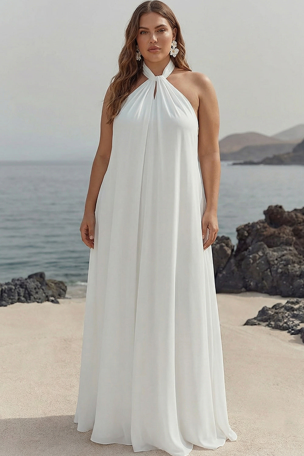 Maxi White Halter Plus Size Chiffon A Line Rehearsal Dinner Dress