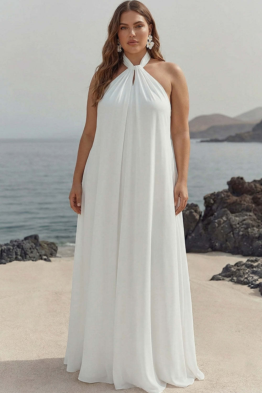 Leely Women White Chiffon Plus Size A Line Maxi Rehearsal Dinner Dress Halter Pleated Long Engagement Dress