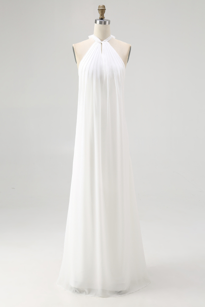 White Chiffon A Line Halter Maxi Rehearsal Dinner Dress