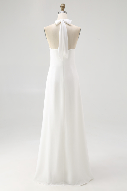 White Chiffon A Line Halter Maxi Rehearsal Dinner Dress