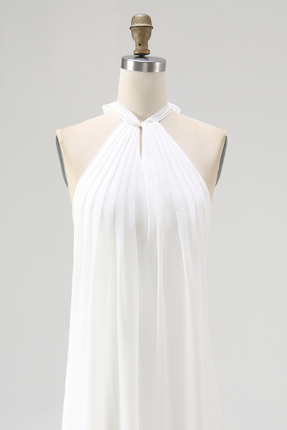 White Chiffon A Line Halter Maxi Rehearsal Dinner Dress