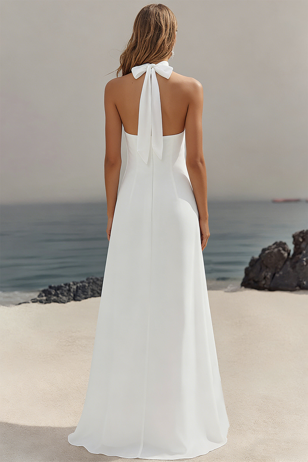 White Chiffon A Line Halter Maxi Rehearsal Dinner Dress