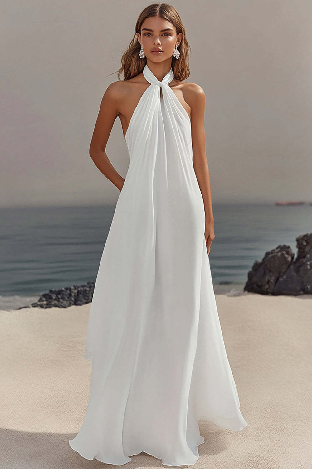 Maxi White Halter Plus Size Chiffon A Line Rehearsal Dinner Dress
