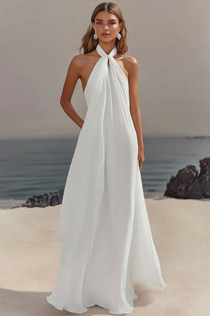 Maxi White Halter Plus Size Chiffon A Line Rehearsal Dinner Dress