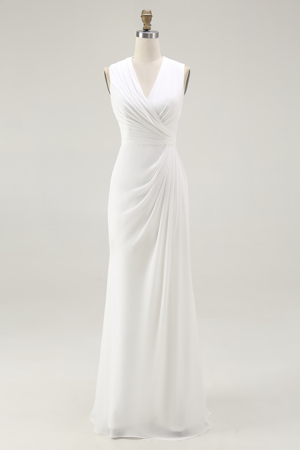 White Chiffon Sheath V-Neck Ruched Maxi Rehearsal Dinner Dress