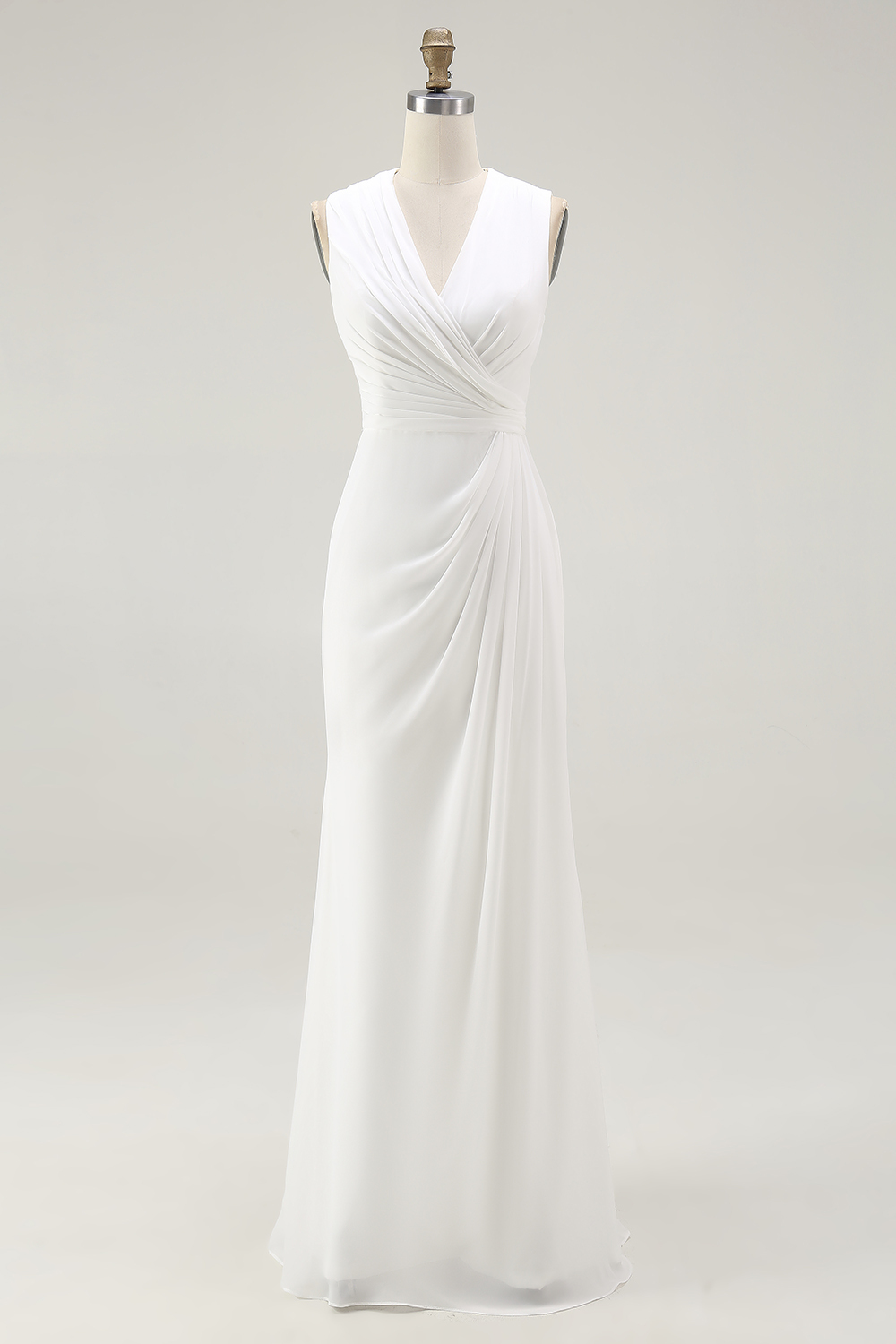 White Chiffon Sheath V-Neck Ruched Maxi Rehearsal Dinner Dress