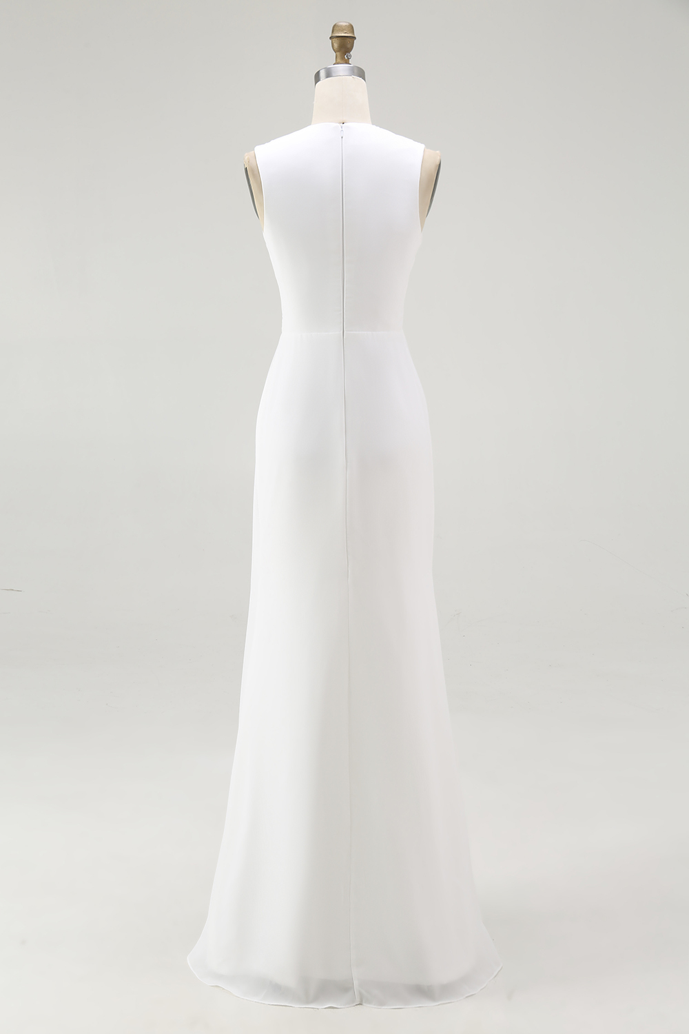 White Chiffon Sheath V-Neck Ruched Maxi Rehearsal Dinner Dress