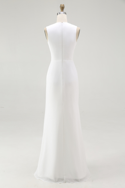 White Chiffon Sheath V-Neck Ruched Maxi Rehearsal Dinner Dress