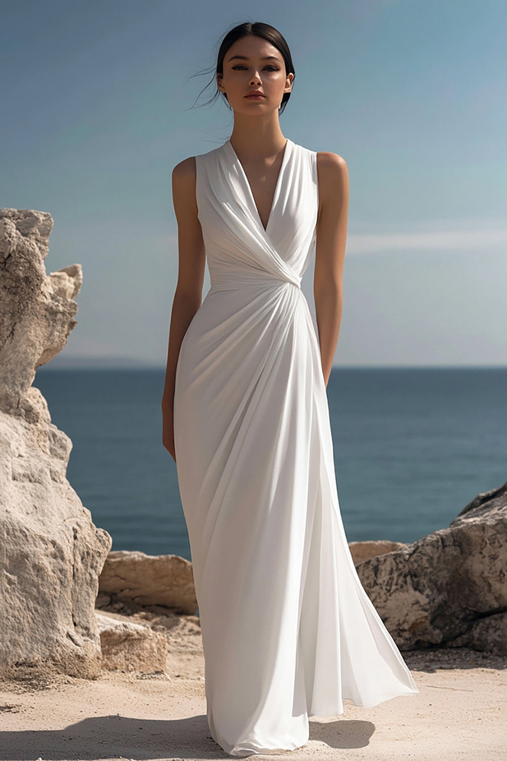 White Chiffon Sheath V-Neck Ruched Maxi Rehearsal Dinner Dress