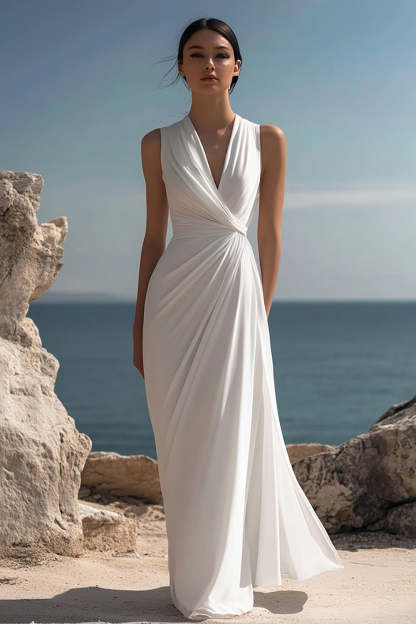 White Chiffon Sheath V-Neck Ruched Maxi Rehearsal Dinner Dress