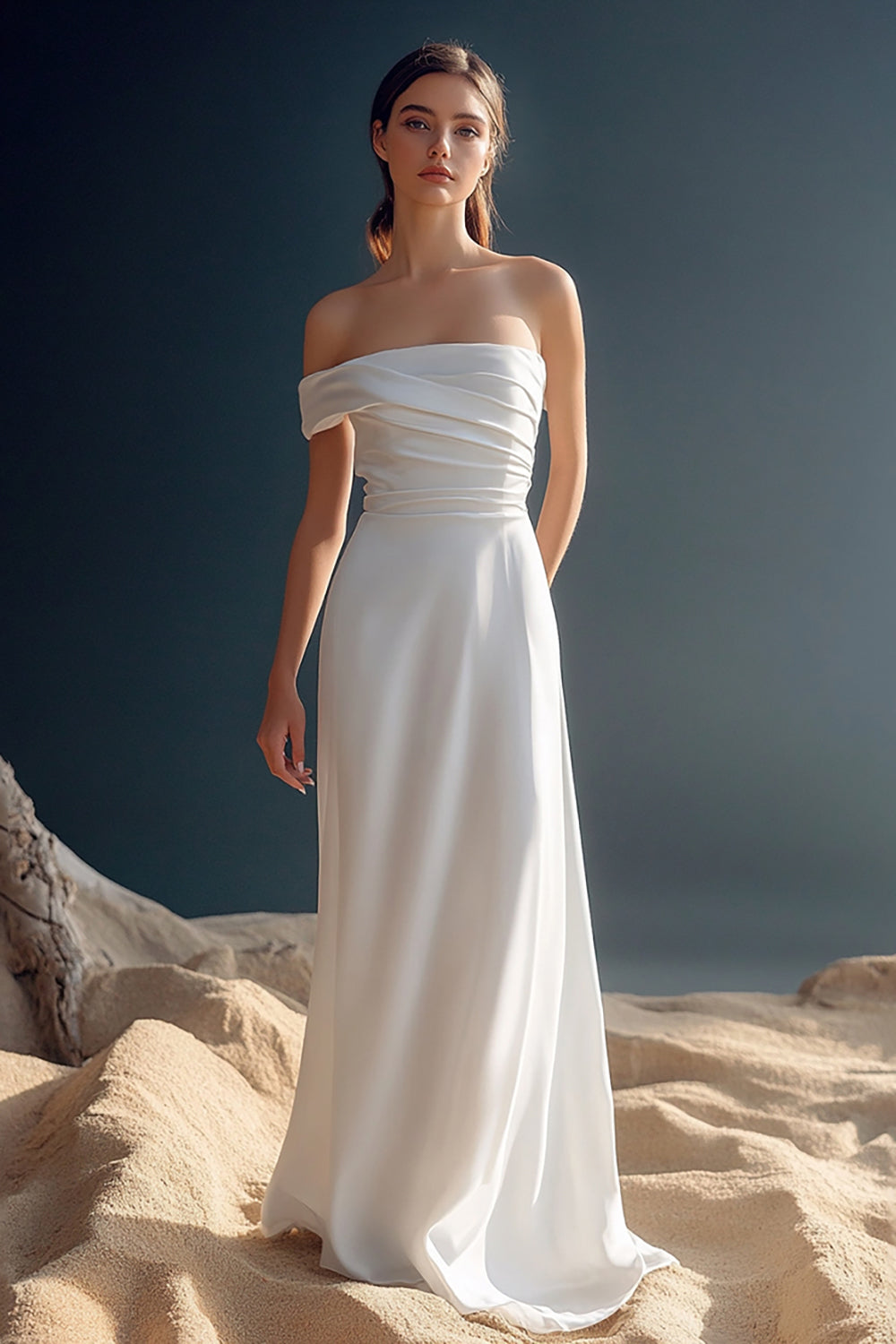 Leely Women White Satin A Line Maxi Rehearsal Dinner Dress One Shoulder Ruched Long Engagement Dress