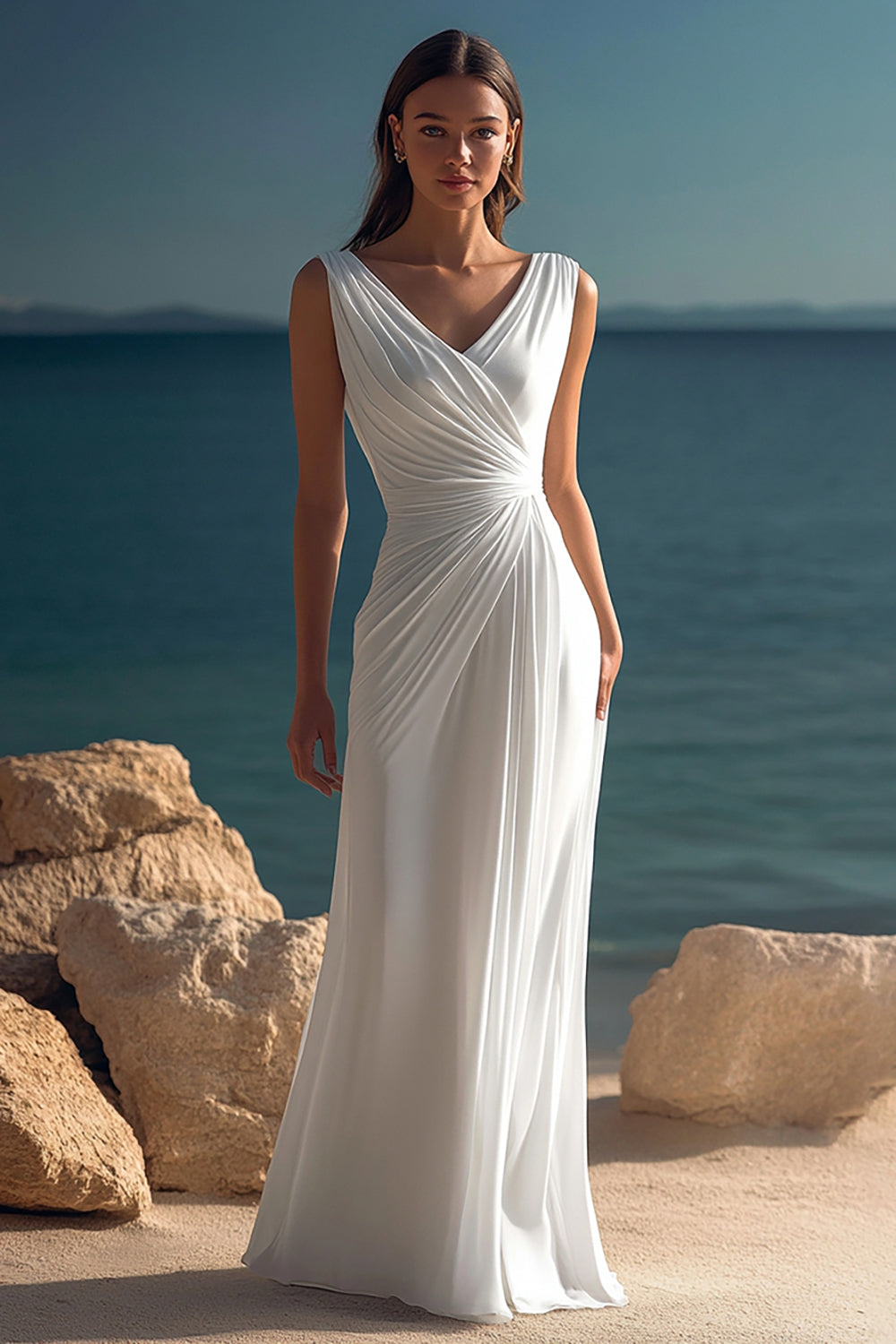 White Chiffon Sheath V-Neck Ruched Long Rehearsal Dinner Dress