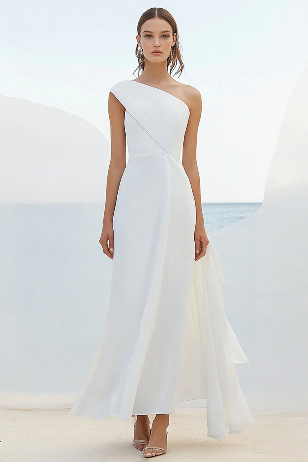 Leely Women White Chiffon Maxi Rehearsal Dinner Dress One Shoulder Ruched Long Engagement Dress