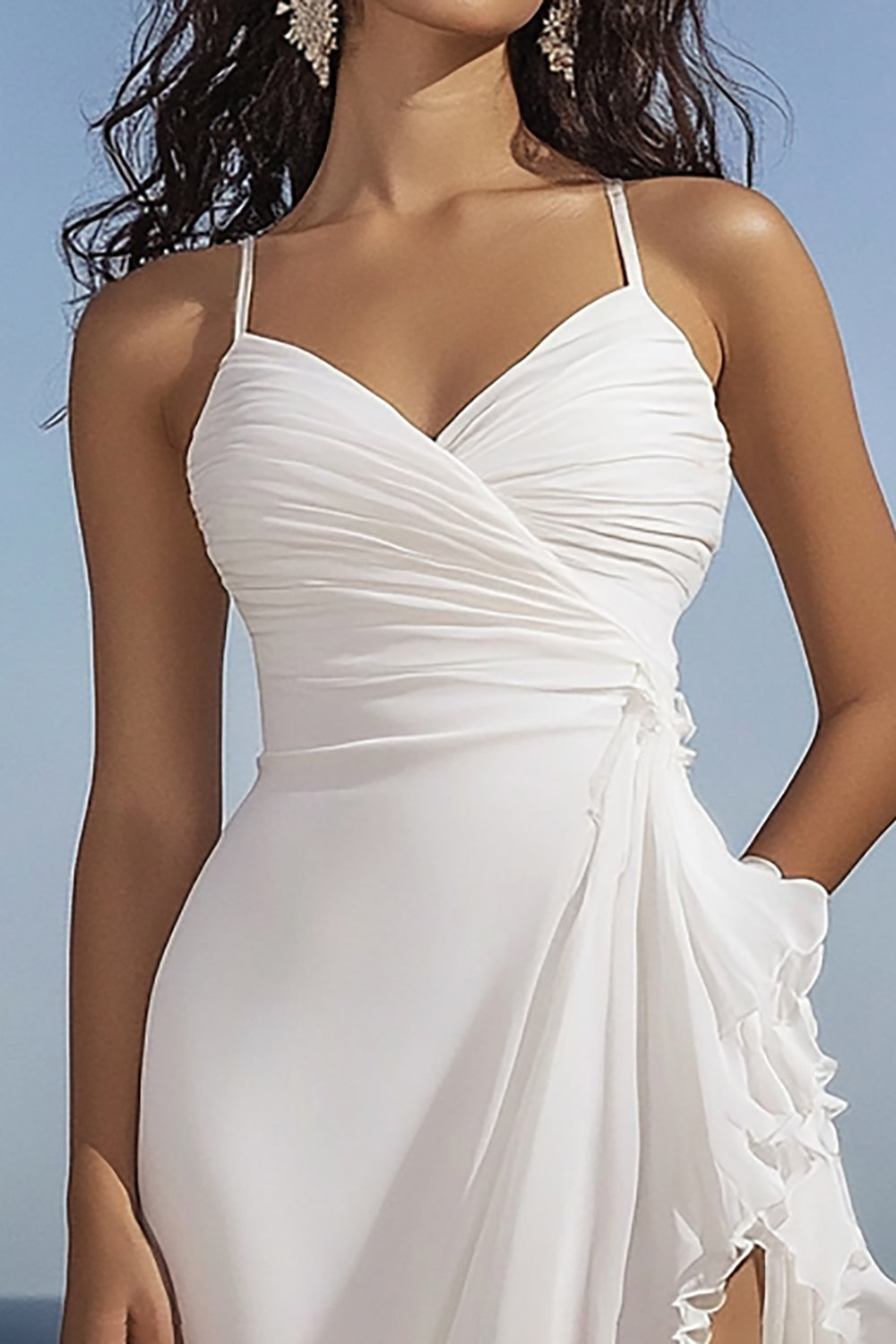 White Chiffon Asymmetrical V-Neck Ruffled Rehearsal Dinner Dress
